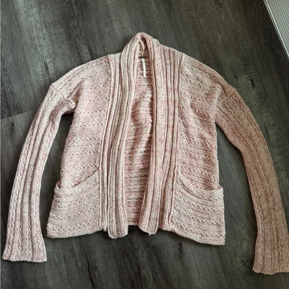 Free People Open Front Knit Cardigan Sweater Size M Pink Cream Boho Casual - Picture 1 of 9